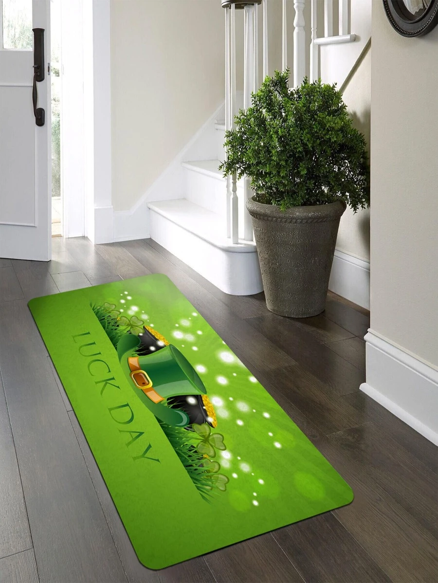 พรมหน้าประตู วันเซนต์แพททริค โคลเวอร์สี่ใบ & พิมพ์ สโลแกน กันลื่น 1 ชิ้น jj-22