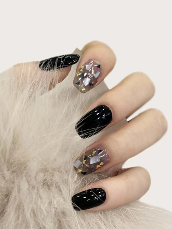 24 ชิ้น เล็บปลอม ทรงเหลี่ยม สั้น & ตะไบเล็บ 1 ชิ้น & เทป 1 แผ่น c-51