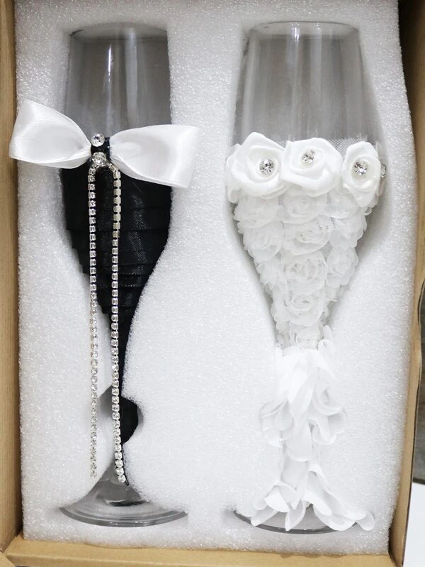 แก้วน้ำ กระจก สร้างสรรค์ พลอยเทียม & ตกแต่ง โบว์ สำหรับ ครัว 2 ชิ้น/เซ็ต  oo-20