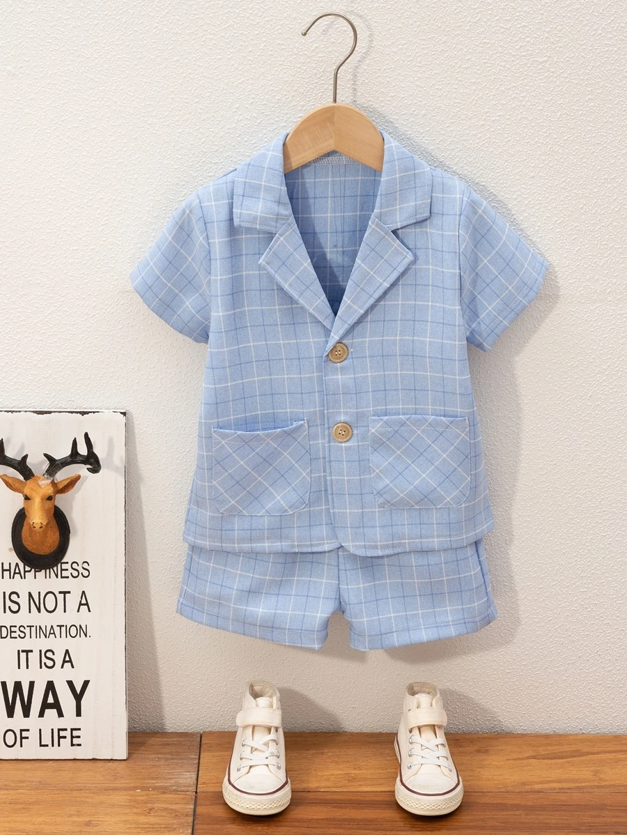 เด็กผู้ชาย ลายสก็อต กระเป๋าคู่ เสื้อเชิ้ต & กางเกงขาสั้น b-16