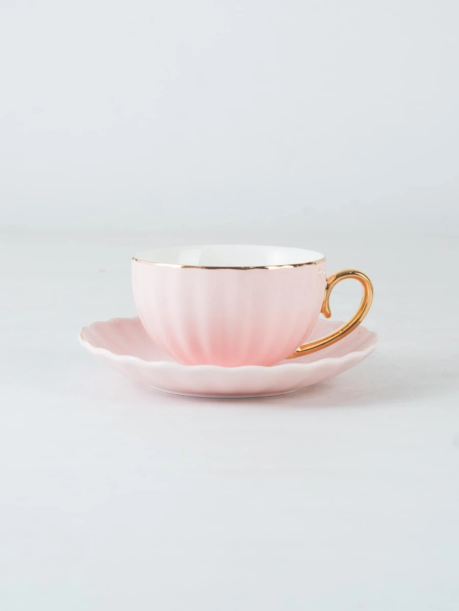 แก้ว 1 ชิ้น สีพื้น และ จาน 1 ชิ้น สีชมพู ลายเรียบง่าย ลายคราม oo-157