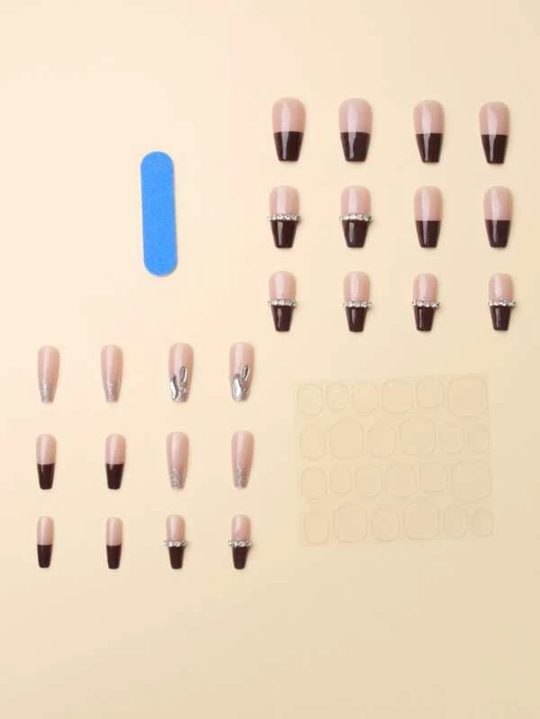 เล็บปลอม ยาว คอฟฟิน ตกแต่ง พลอยเทียม 24 ชิ้น & เทปกาว 1 แผ่น & ตะไบเล็บ 1 ชิ้น c-45