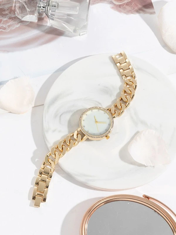 นาฬิกาควอทซ์ ตัวชี้ แบบกลม ตกแต่ง พลอยเทียม  น-41