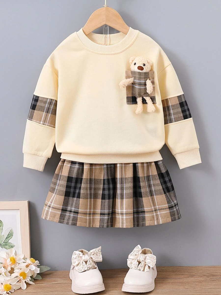 เด็กผู้หญิง เสื้อสเวตเตอร์ แพทช์ หมี เย็บลายสก๊อต & กระโปรง a-37