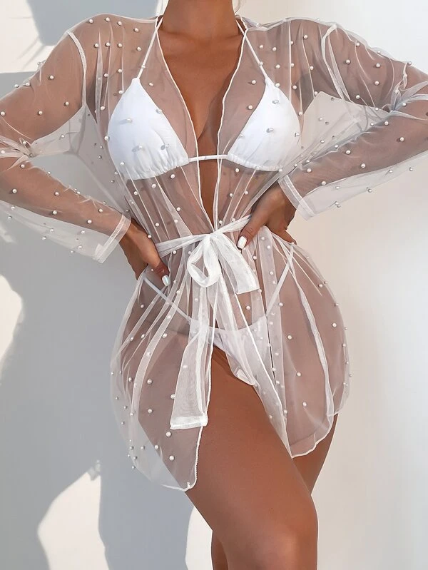 กิโมโน ลูกปัด ไข่มุก รายละเอียด ตาข่ายโปร่งแสง แต่งเข็มขัด  mm-225