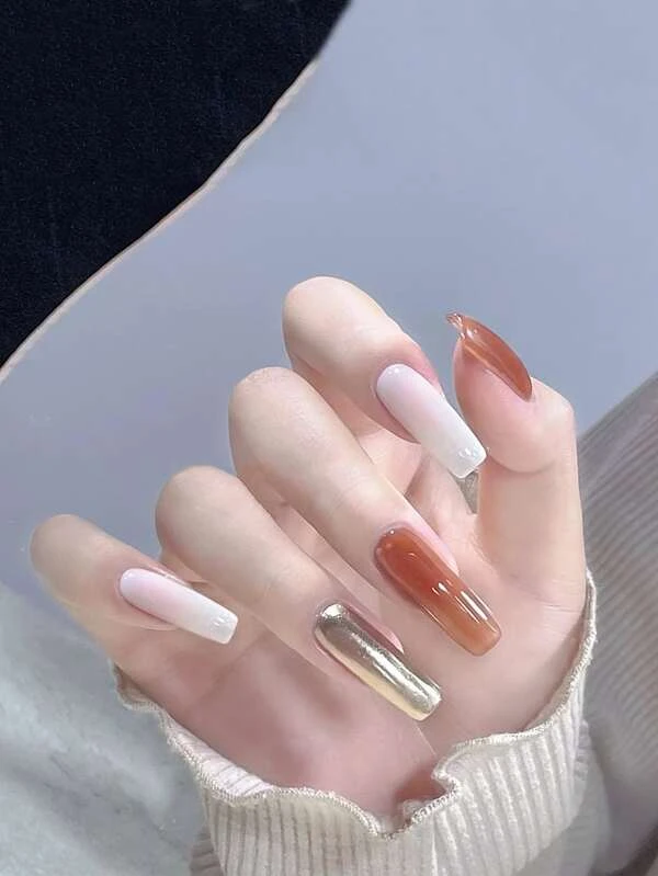 เล็บปลอม ยาว สี่เหลี่ยม คละสี 24 ชิ้น & เทปติดเล็บ 1 แผ่น & ตะไบเล็บ 1 ชิ้น c-24