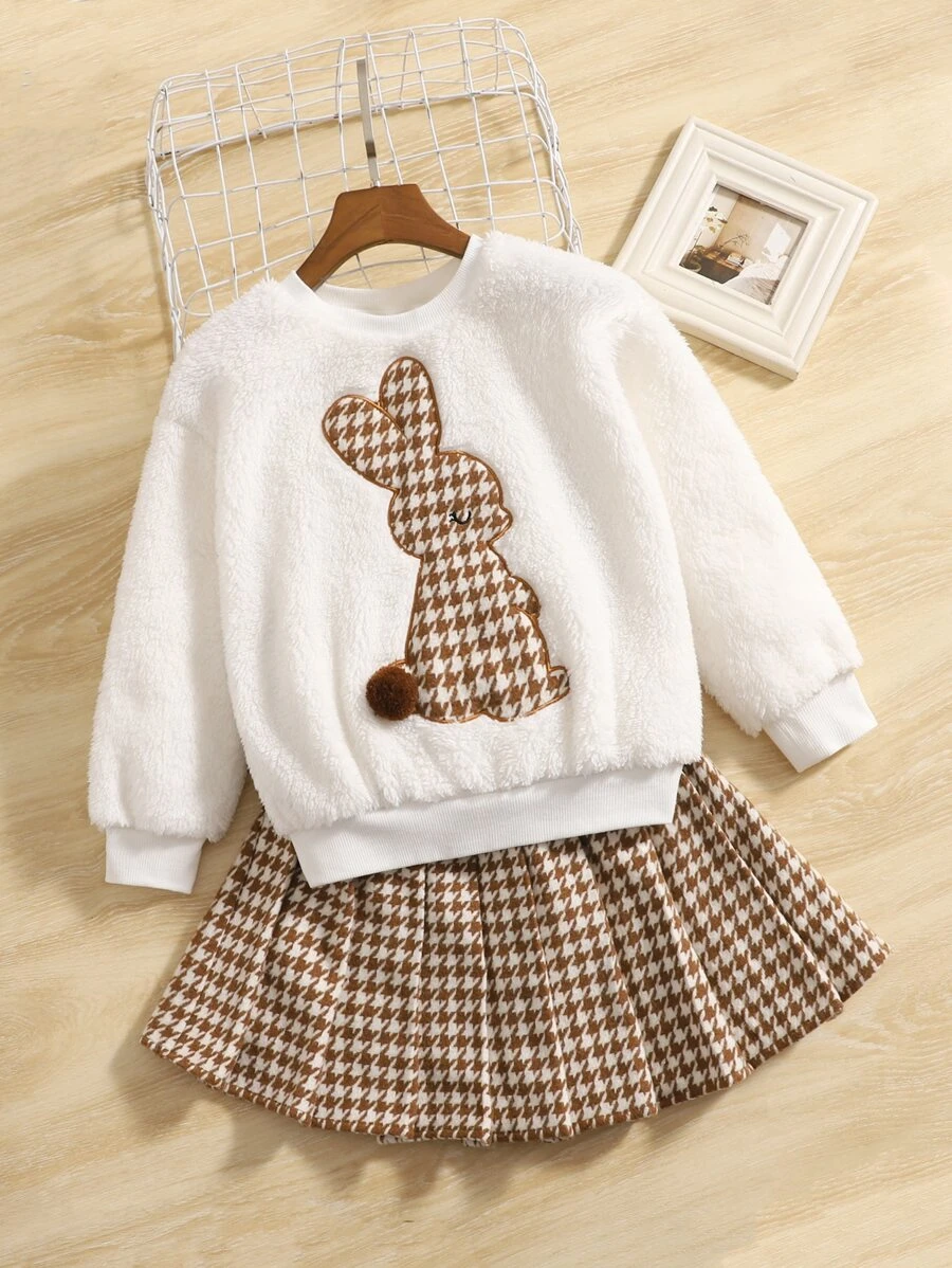 เด็กผู้หญิง เสื้อสวมหัว กระต่าย เย็บปักถักร้อย ปุย & กระโปรงจีบ ฮาวด์สทูธ a-40