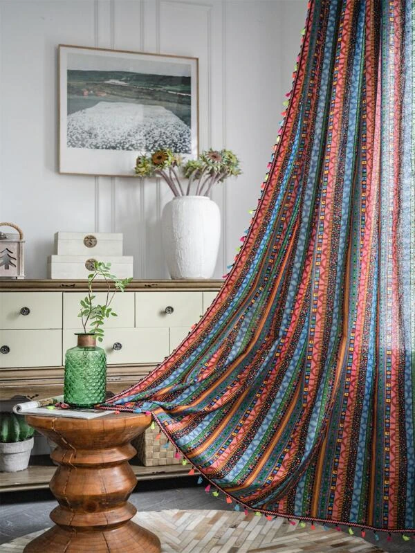 ผ้าม่านเดี่ยว พิมพ์ เรขาคณิต ตกแต่ง พู่  032