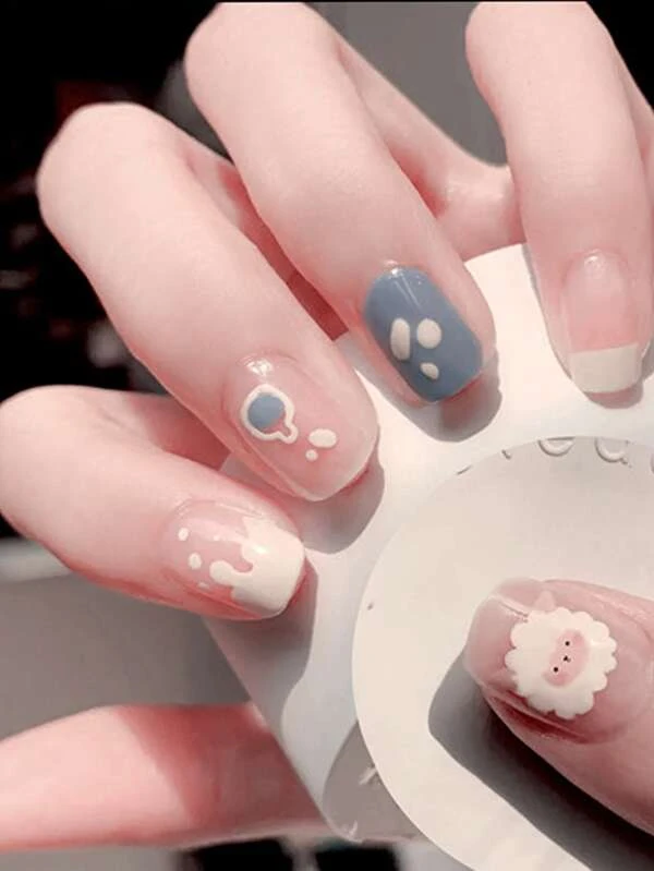 24 ชิ้น เล็บปลอม ทรงเหลี่ยม สั้น & ตะไบเล็บ 1 ชิ้น & เทป 1 แผ่น c-6