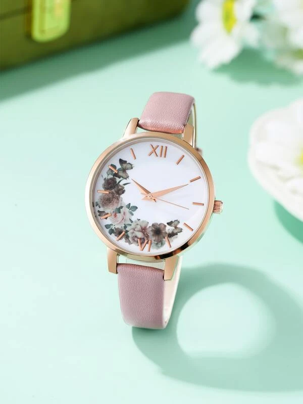นาฬิกาควอทซ์ ตัวชี้ แบบกลม ลาย ดอกไม้  น-104