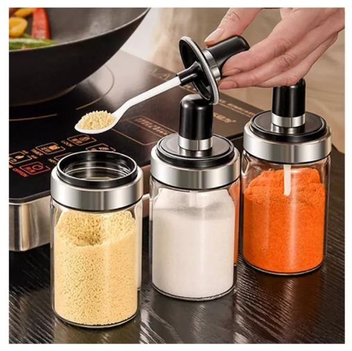 KIT40-ขวดใส่เครื่องปรุงอาหาร กระปุกใส่เครื่องเทศ วัสดุเป็นแก้ว พร้อมช้อนตักในตัว ขนาด 300ml