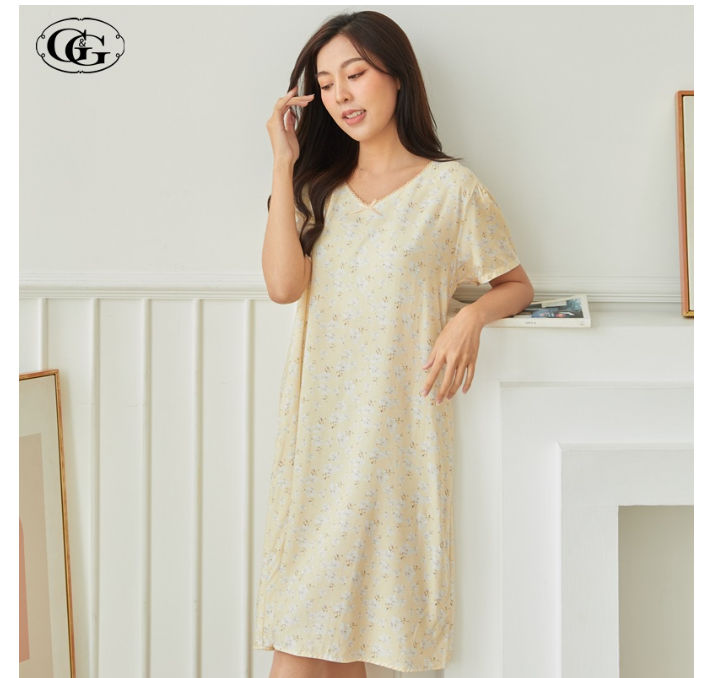 GG57>G&G Nightwear รุ่น EN6P08 ชุดนอนกระโปรง สี CR ชุดนอน Spun Rayon ลายดอกไม้