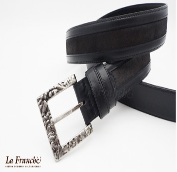 MAN94-เข็มขัดหนังแท้ผมม้า ผสมผสานกับหนังวัวแท้สีดำ พร้อมหัวเข็มขัดนิกเกิ้ลแอนติค
