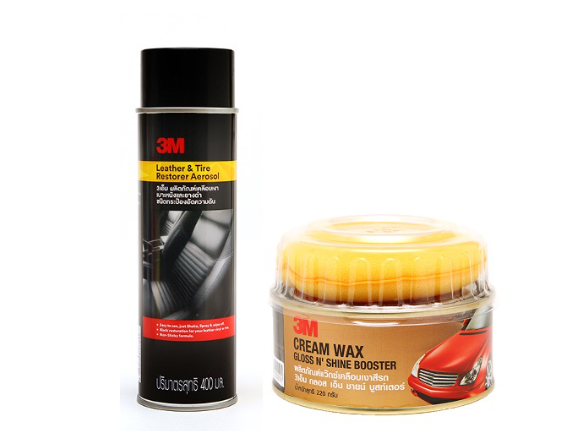 AC61-3M ผลิตภัณฑ์เคลือบเงาเบาะหนังและยางดำ ชนิดอัดกระป๋องความดัน ขนาด 400ml. PN39041A + 3M Cream wax ผลิตภัณฑ์แว๊กซ์เคลือบเงาสีรถ 220 กรัม