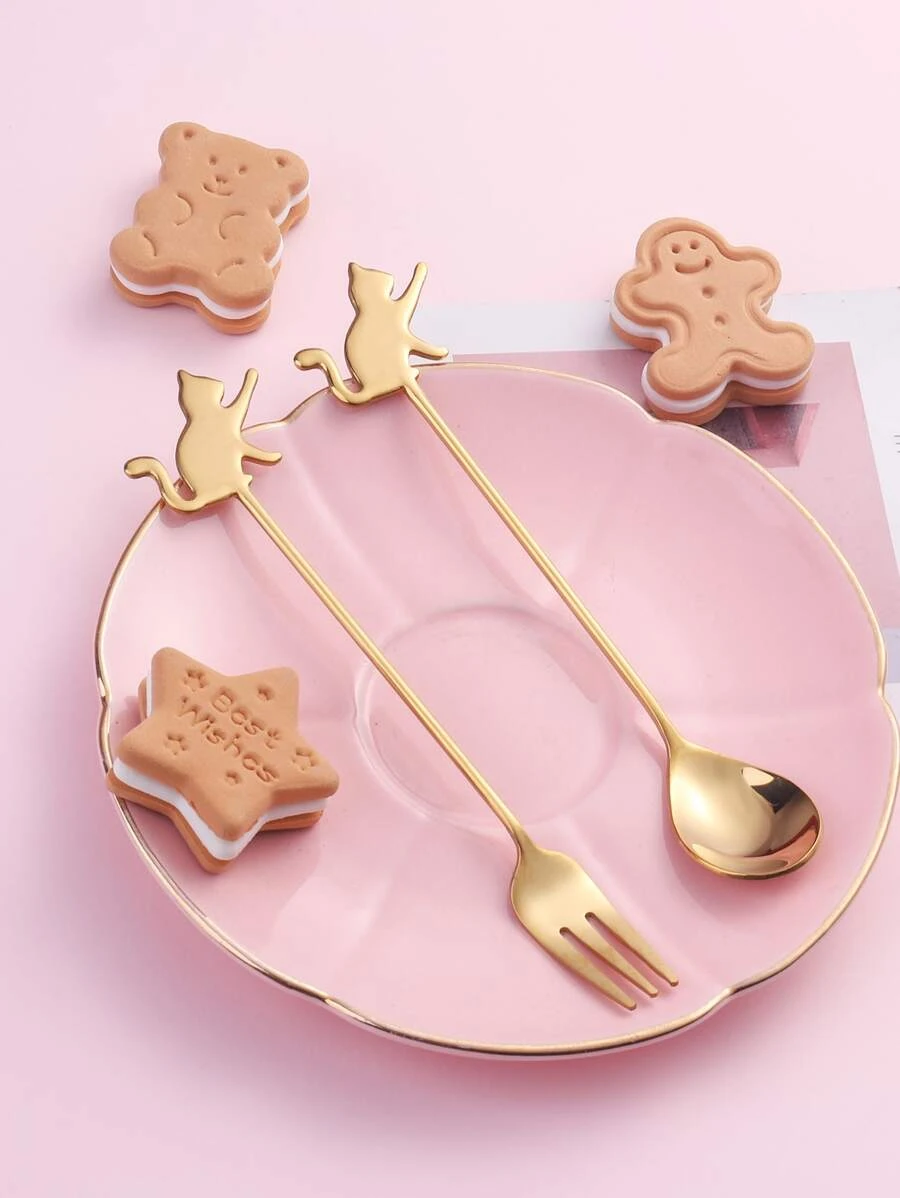 ชุดช้อนส้อมมีด ตกแต่ง แมว 2 ชิ้น hh-31