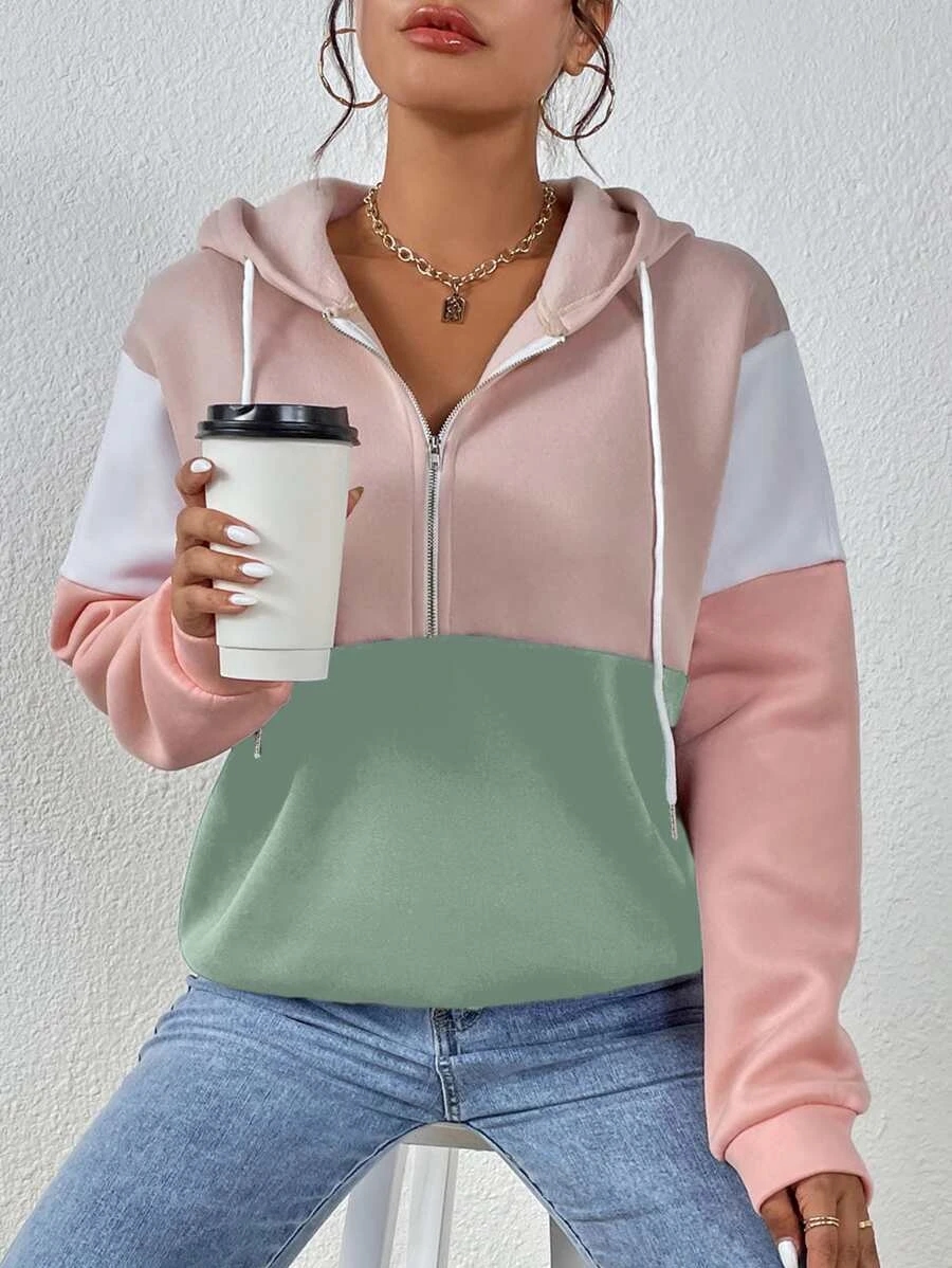 ฮู้ดดี้ บล็อคสี ซิปครึ่งตัว เชือกรูด ซับในอุ่น  cc-47