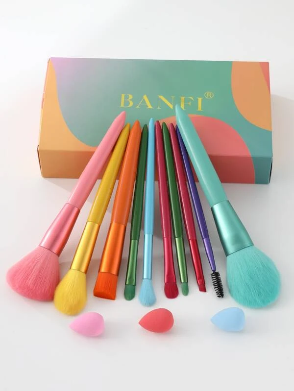 ชุดแปรงแต่งหน้า 10 ชิ้นและฟองน้ำแต่งหน้า 3 ชิ้น e-100