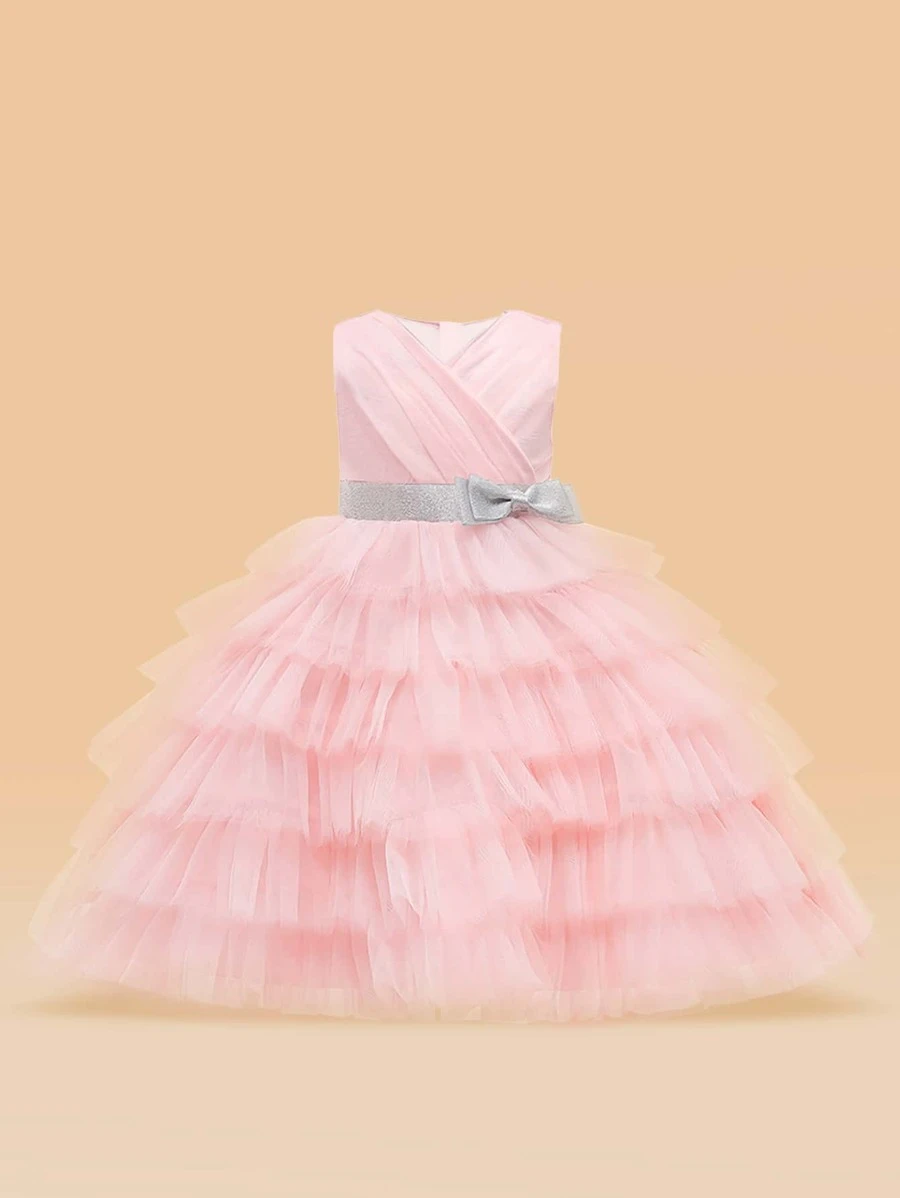 เด็กผู้หญิง ชุดปาร์ตี้ โบว์หน้า ชายเสื้อหลายชั้น ตาข่าย a-21