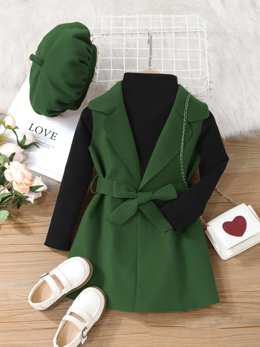 เด็กผู้หญิง เสื้อยืดสีพื้น & เสื้อกั๊กโค้ต แต่งเข็มขัด & หมวกa-5