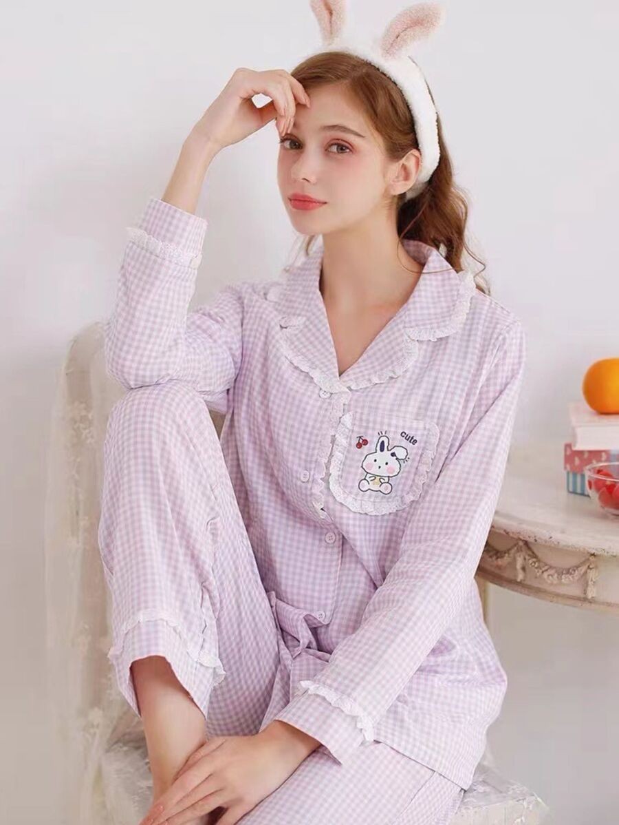 เซตชุดนอนผู้หญิง ชุดนอนผู้หญิง ชุดนอนแขนยาวขายาว ผ้านุ่ม ลายสก็อต ผ้าคอตตอนผสมเรยอน  bb-9