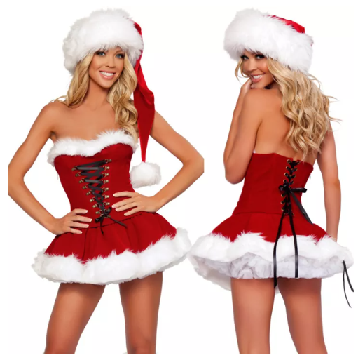 SE53@Women Sexy Christmas Costume Santa Claus Dresses Red Dress For New Year Velvet Mini Dress With Hat Plus Size Tube Top Dress