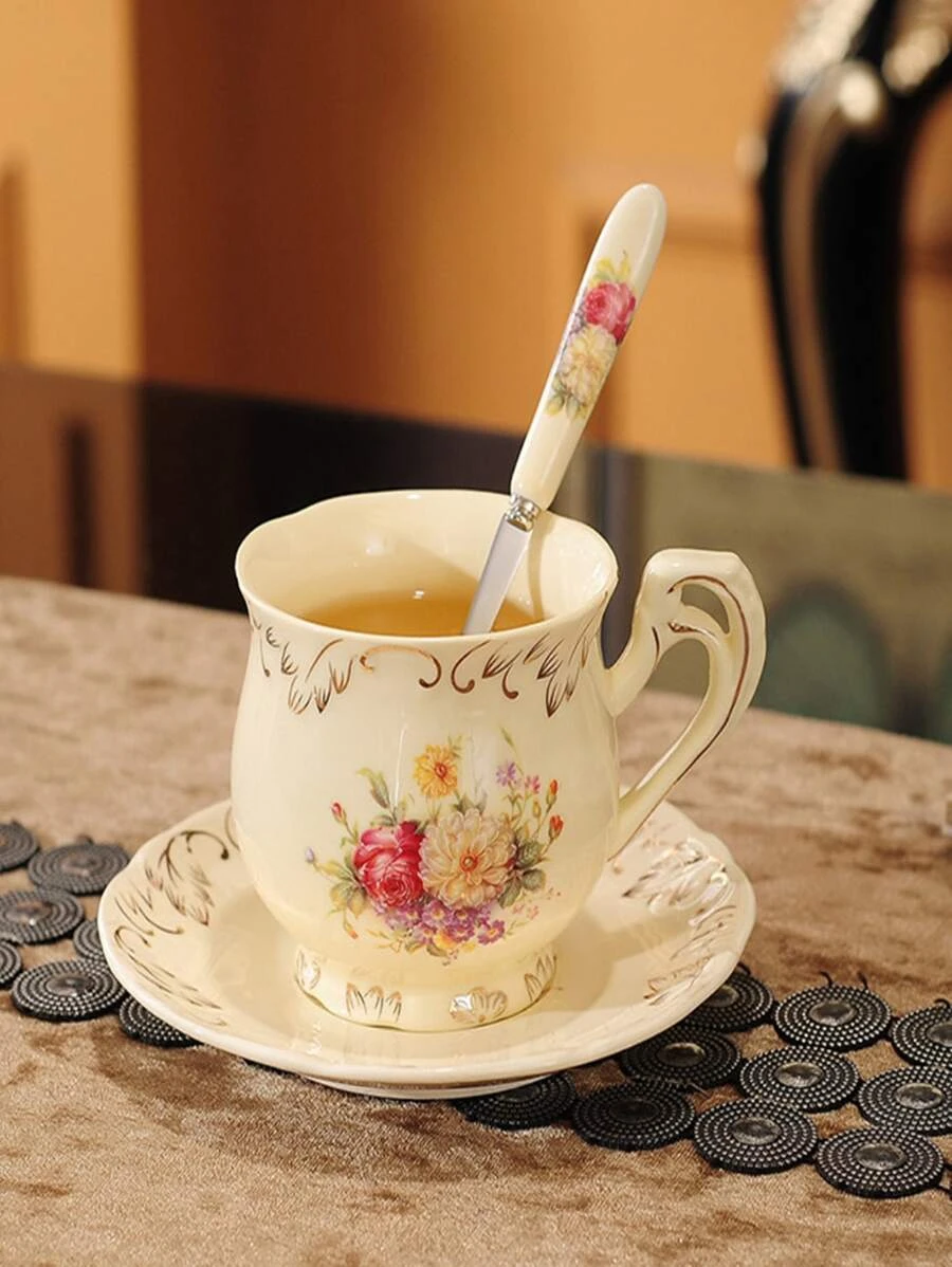 3 ชิ้น/เซ็ต ลาย ดอกไม้ แก้วมัค & ช้อน & ทันสมัย แก้วกาแฟ & ช้อน & จาน สำหรับ บ้าน  oo-182