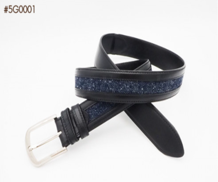 MAN74-เข็มขัดผ้ายีนส์สีน้ำเงิน กุ๊นหนังวัวแท้สีดำ พร้อมหัวเข็มขัดนิกเกิ้ล