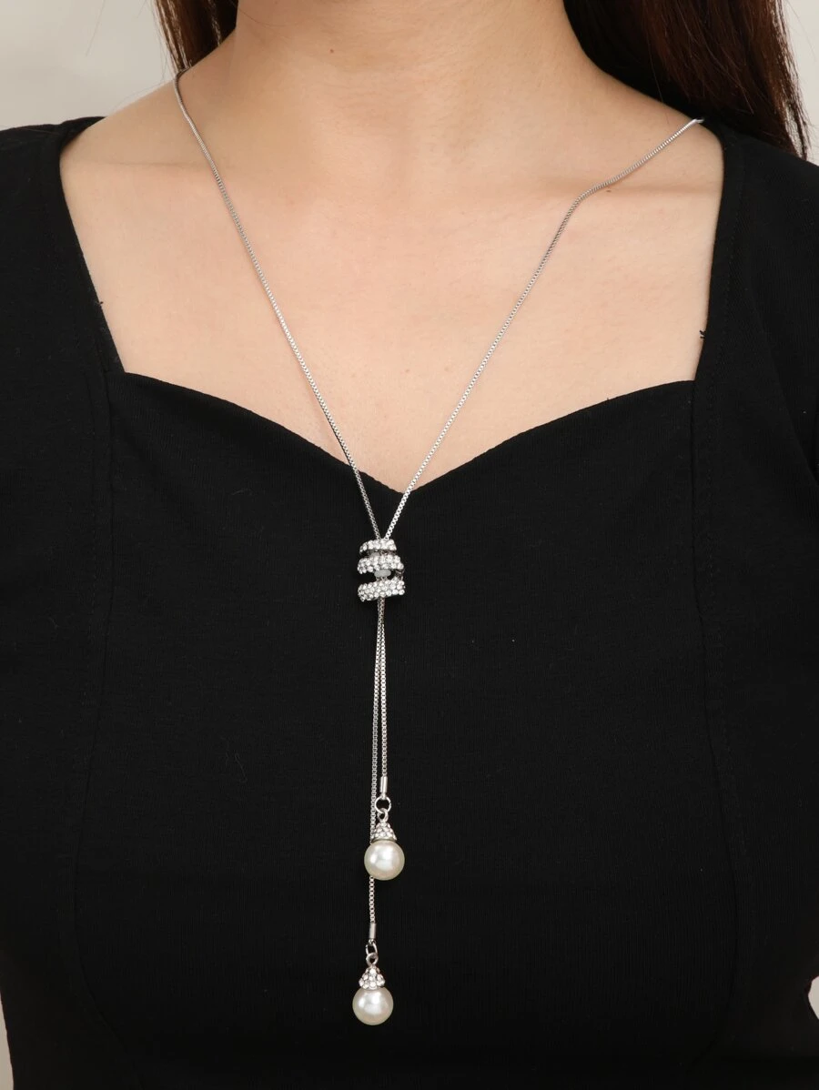 สร้อยคอรูปตัว Y ไข่มุกเทียม & ประดับแก้วสี kk-82