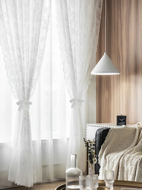 ผ้าม่าน ลูกไม้ ลายดอกไม้ ผ้าโปร่ง  ผ136