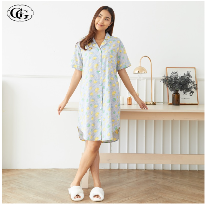 GG49>G&G Nightwear รุ่น EN4P31 ชุดนอนเดรสกระโปรง ลายมะนาว สี GY