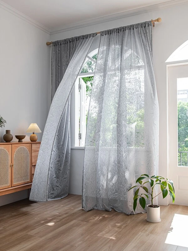 ผ้าม่าน ผ้าโปร่ง ปักลายใบไม้  058