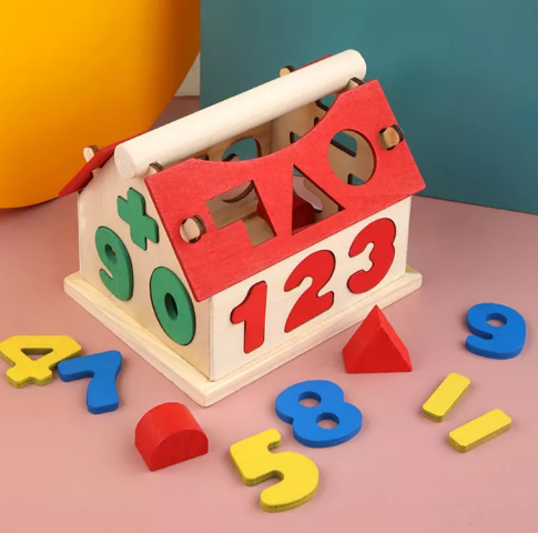 N82-บ้านดิจิตอลสำหรับเด็กมีกล่องบ้านไม้หยอดหลุม ประกอบด้วยตัวเลขและบวกลบและเรขาคณิต เสริมพัฒนาการเด็ก ปลอดภัยสำหรับเด็ก