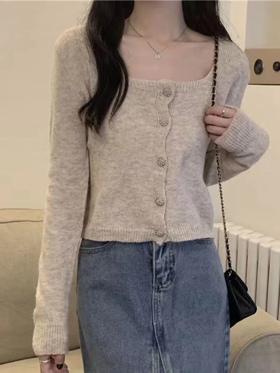 เสื้อคาร์ดิแกน ครอป สีพื้น กระดุมแถวหน้า  i-86