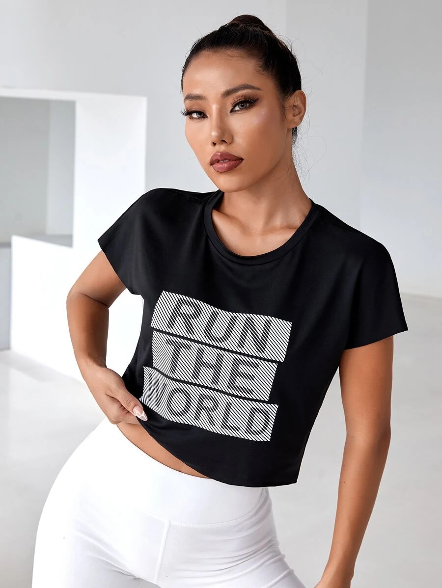 เสื้อยืดกีฬา ครอป พิมพ์ สโลแกน แขนค้างคาว aa-20