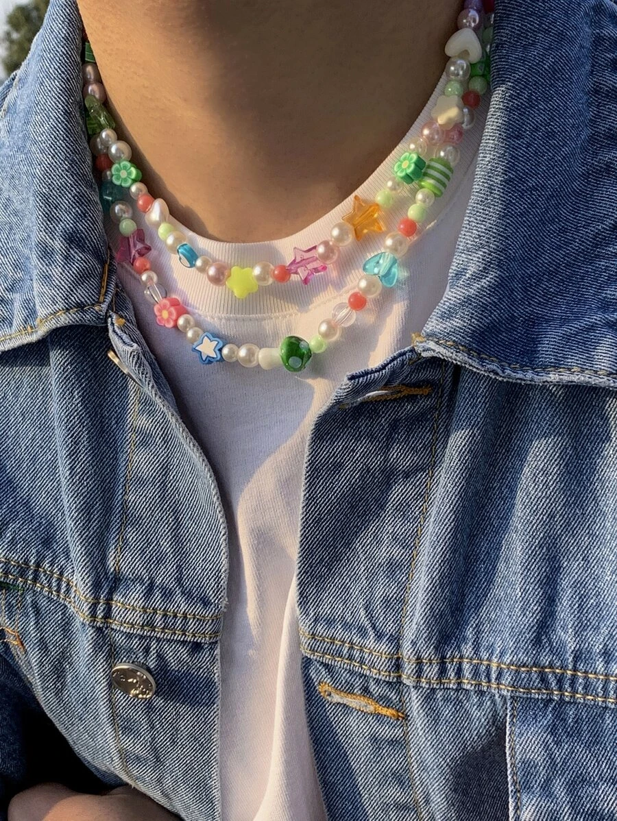 ผู้ชาย สร้อยคอ ลูกปัด ดาว & ตกแต่ง ดอกไม้ 2 ชิ้น kk-71