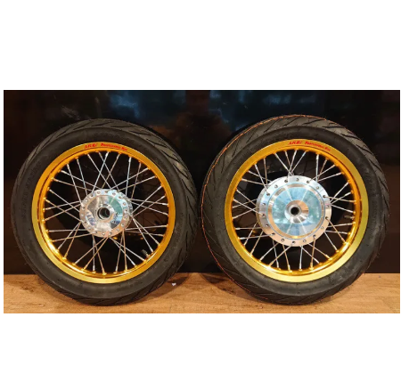 FU14-ชุดล้อทองขอบเรียบ ขอบ 14' พร้อมยางนอกลายไฟ+ยางใน 1.40x14,1.60x14 ดุมกระจก ใส่ Click,Click-i,Scoopy-i,Zoomer