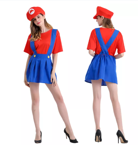 SE52@Adult Mario Bros Cosplay Dance Costume Halloween Party Super Mary Costume For Women Suspender Skirt Set