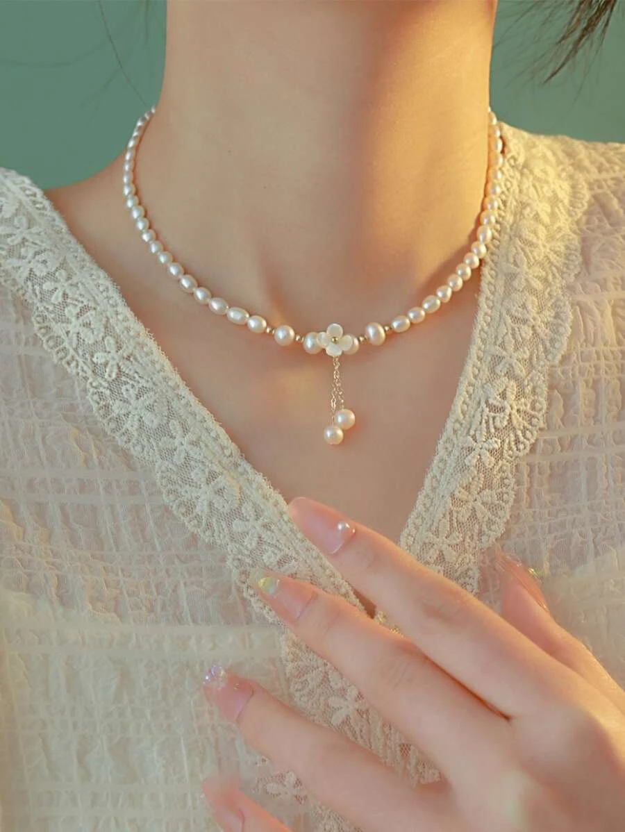 สร้อยคอ ดอกไม้ & จี้ ไข่มุกเทียม  kk-97