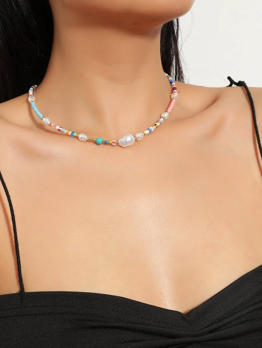 สร้อยคอ ลูกปัด ประดับ มุกเทียม  kk-92