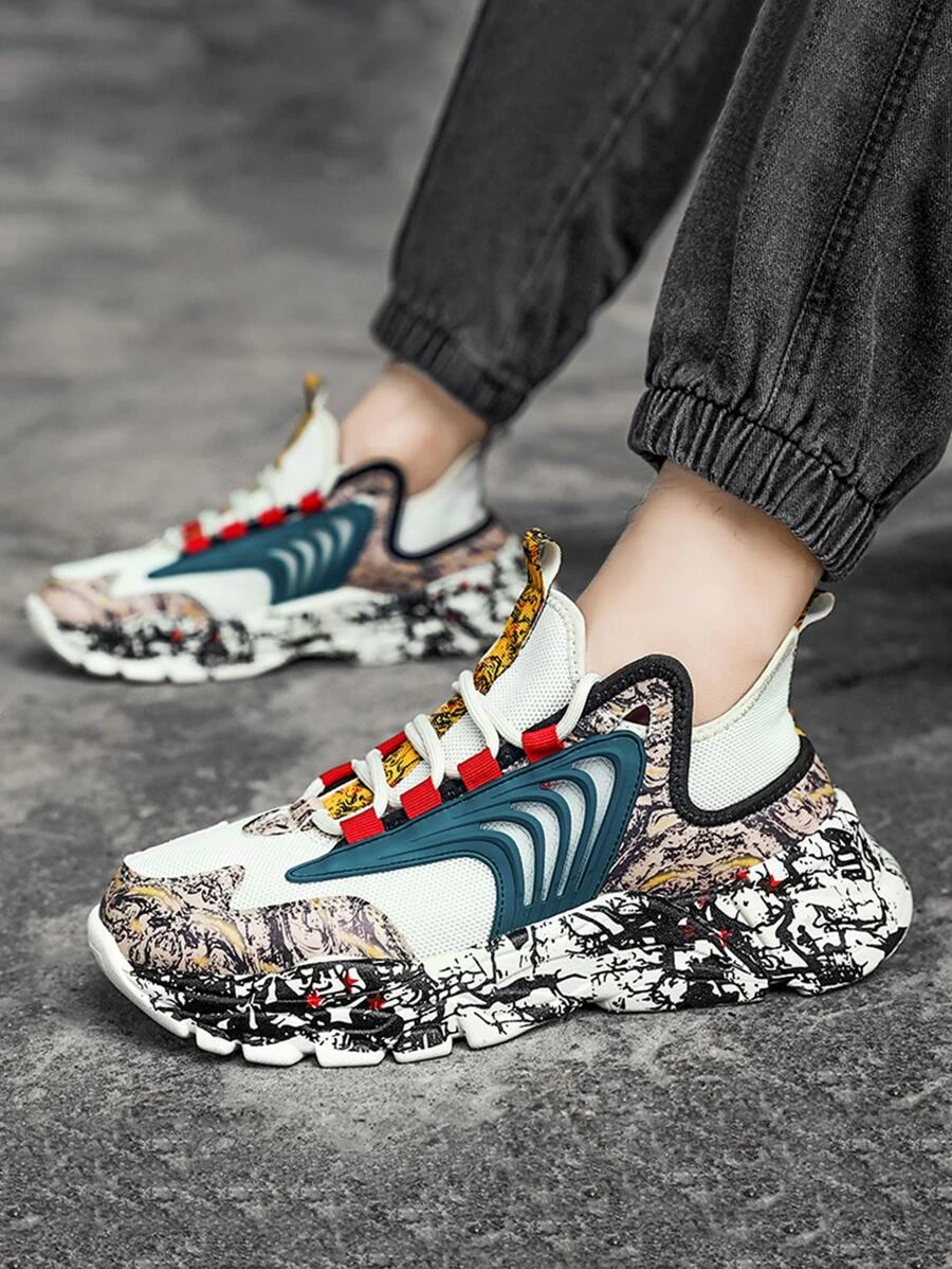 ผู้ชาย Colorblock Lace Up Decor ถัก Chunky รองเท้าผ้าใบ m-56 z.38-45
