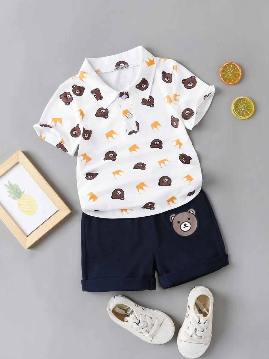 เด็กผู้ชาย ทั้งตัว หมี & พิมพ์ มงกุฎ เสื้อโปโล & กางเกงขาสั้น b-75