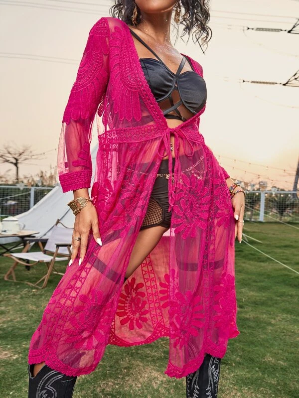 กิโมโน ปัก ดอกไม้ ตาข่าย ผูกโบว์ที่เอว mm-111