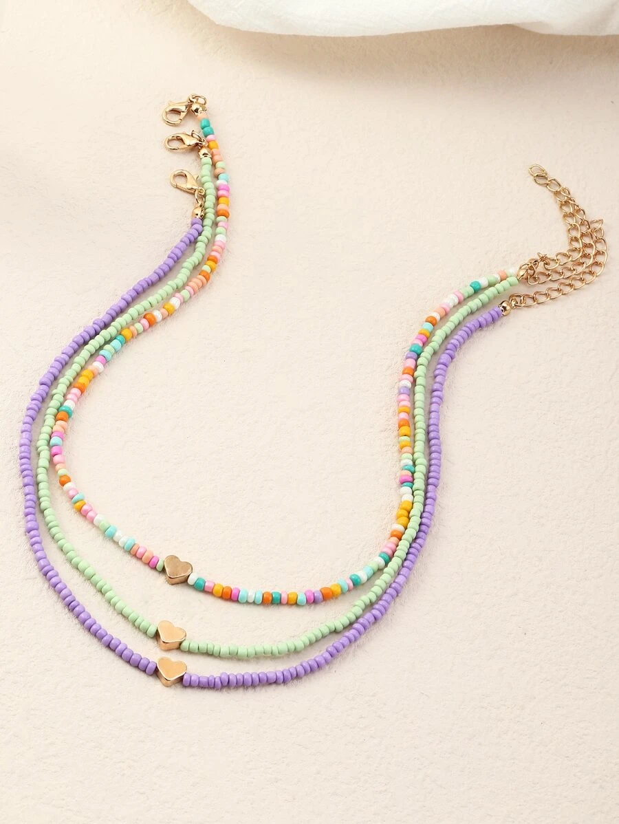 สร้อยคอ ลูกปัด ตกแต่ง หัวใจ 3 ชิ้น  kk-48