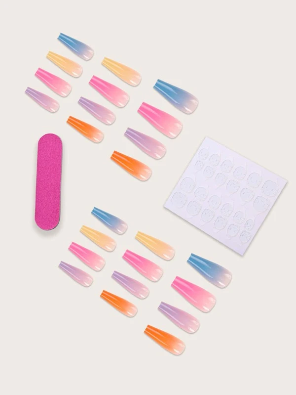 24 ชิ้น เล็บปลอม ทรงคอฟฟิน ยาว & ตะไบเล็บ 1 ชิ้น & เทป 1 แผ่น c-70