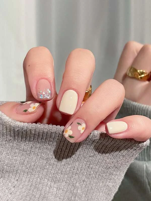 24 ชิ้น เล็บปลอม ทรงเหลี่ยม สั้น & ตะไบเล็บ 1 ชิ้น & เทป 1 แผ่น  ค-58