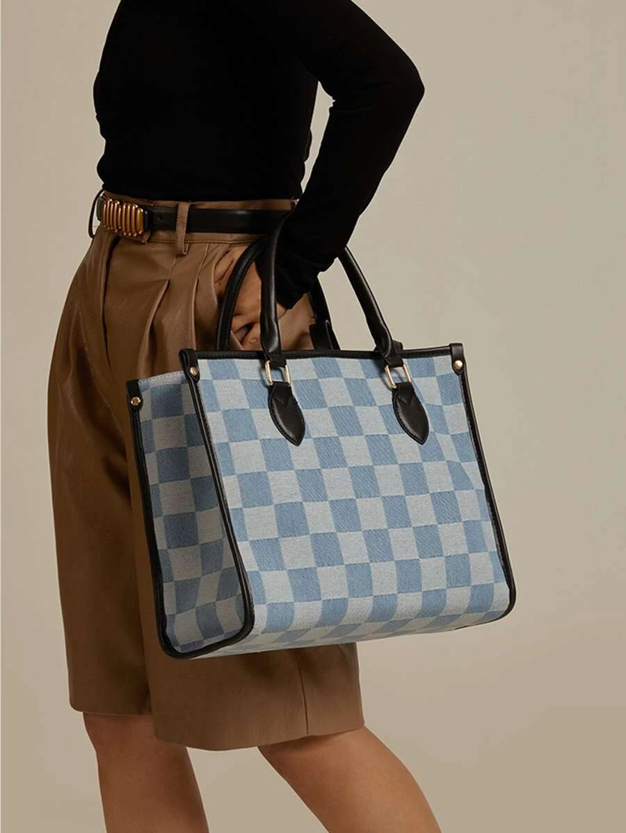 กระเป๋าถือ ลายตาราง เย็บสีตัด v-7