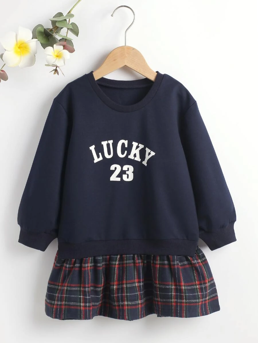 เด็กผู้หญิง เดรสสเวตเตอร์ พิมพ์ ตัวอักษร ทาร์ทัน นัวเนีย / ชายระบาย a-48