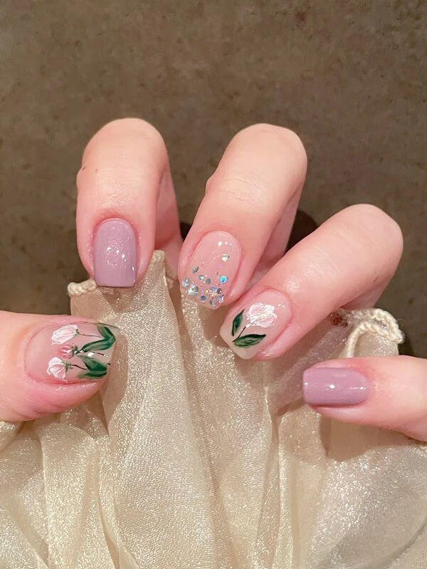 เล็บปลอม พิมพ์ ลายดอกไม้ 24 ชิ้น & เทปกาว 1 แผ่น & ตะไบเล็บ 1 ชิ้น c-23