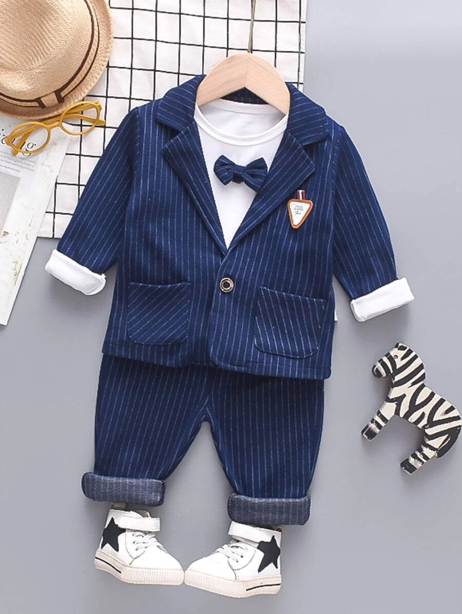 เด็กผู้ชายวัยหัดเดิน ตกแต่งลายปะ ลายทาง เสื้อสูท & โบว์หน้า เสื้อ & กางเกงขายาว b-3