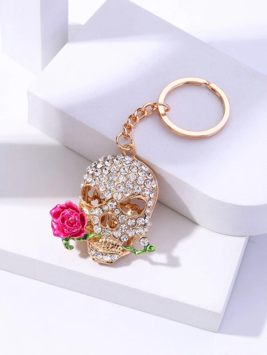 พวงกุญแจ พลอยเทียม กะโหลก & จี้ ดอกไม้  k-038